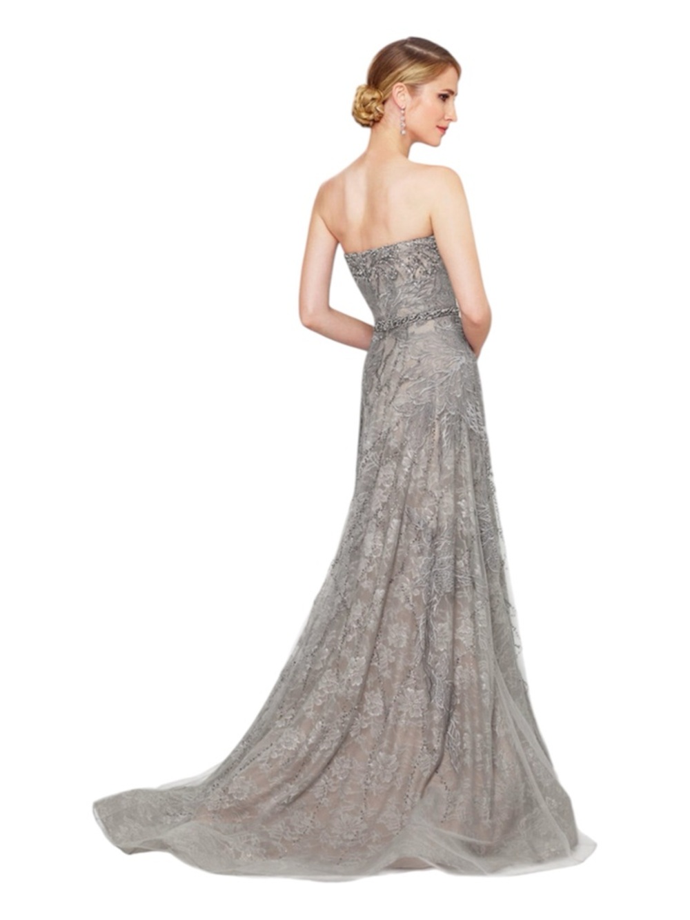 Mon Cheri Strapless Silver Lace A-Line Evening Gown - Picture 2 of 5
